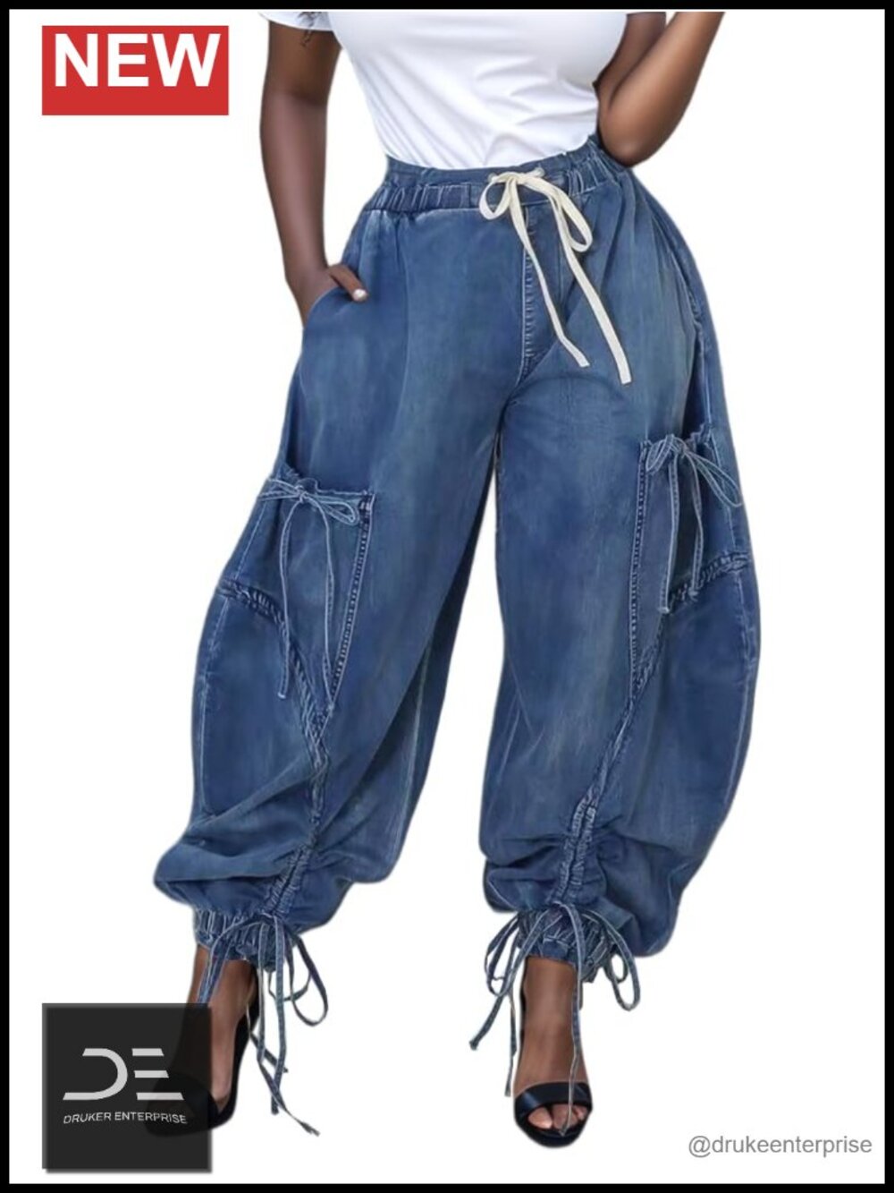 Baggy Wide Leg Denim Cargo Joggers Drawstring Waist